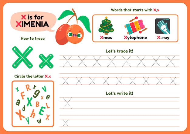 Letter x worksheet with different items