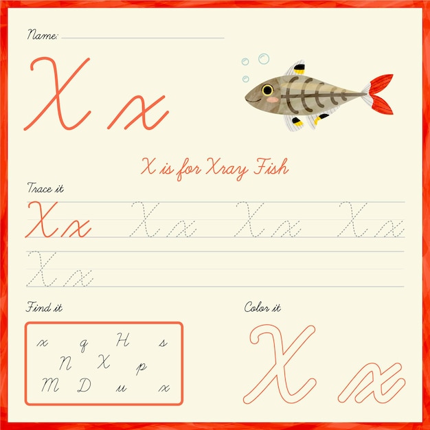 Vector letter x worksheet with xray fish