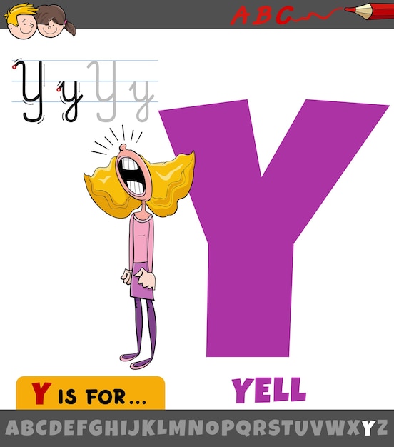 Vector letter y from alphabet with cartoon illustration of yell phrase