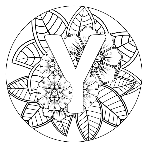 Letter Y met Mehndi bloem decoratief ornament in etnische oosterse stijl kleurboekpagina