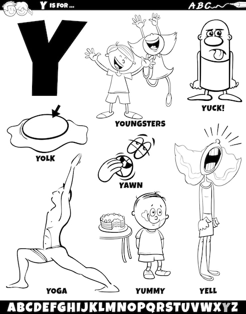 ベクトル 漫画のオブジェクトとキャラクターのy文字セットのカラーページ