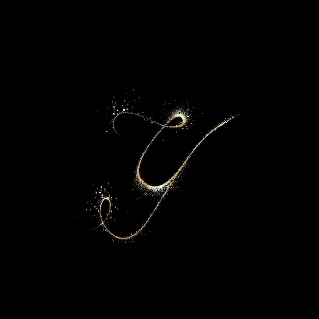 A letter y with a black background and a gold pattern.