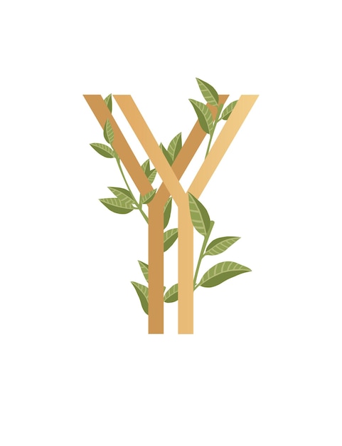 Vector letter y with gradient style beige color covered with green leaves eco font flat vector illustration isolated on white background