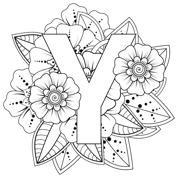민족 동양 스타일 색칠하기 책 페이지에 멘디 꽃 장식 장식이 있는 문자 Y