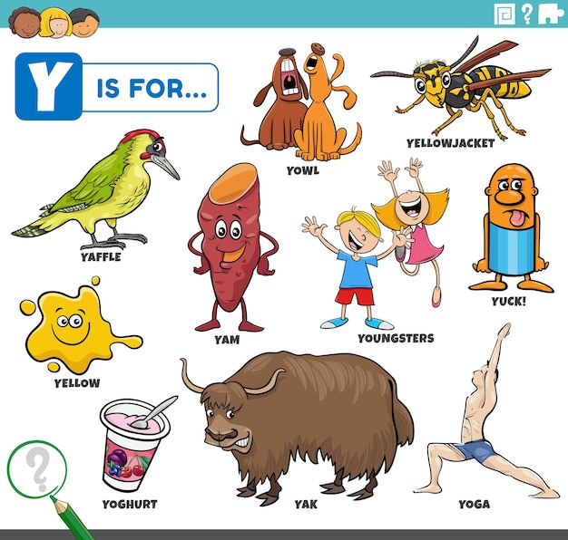 Vector letter y words educational set with cartoon characters
