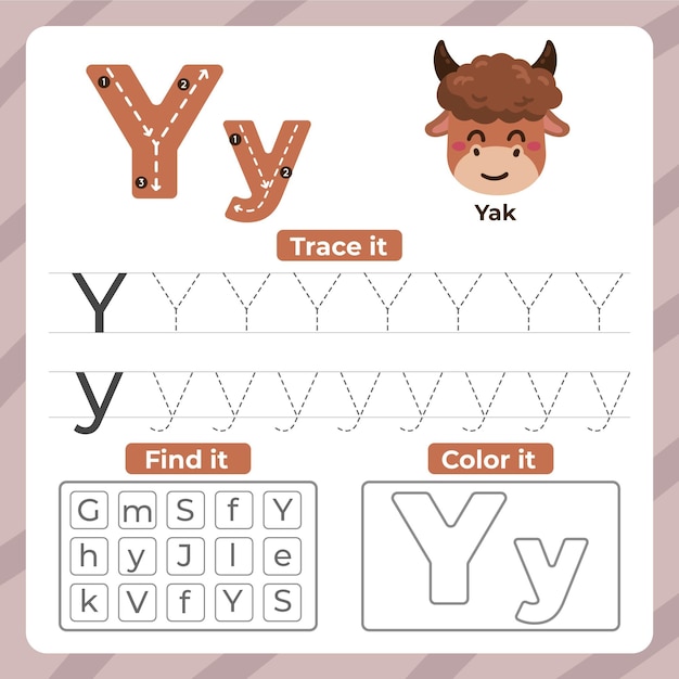 Vector letter y worksheet with yak