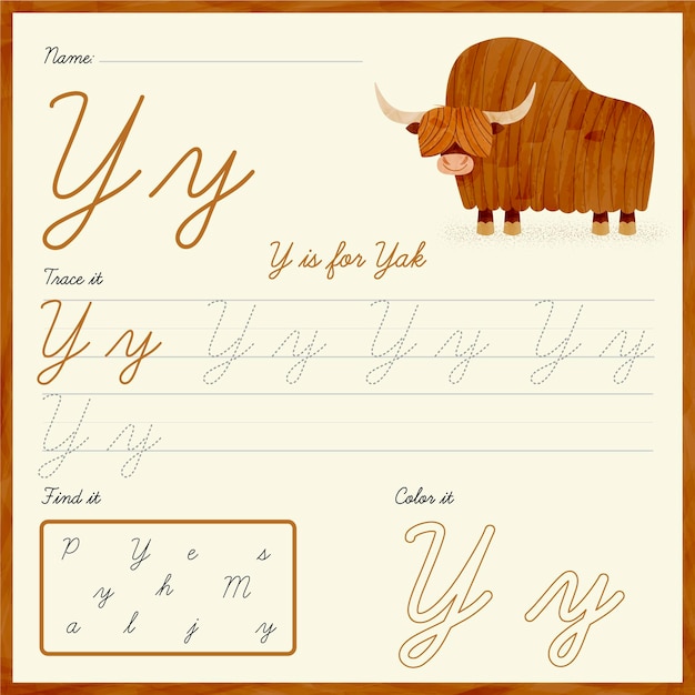 Vector letter y worksheet with yak