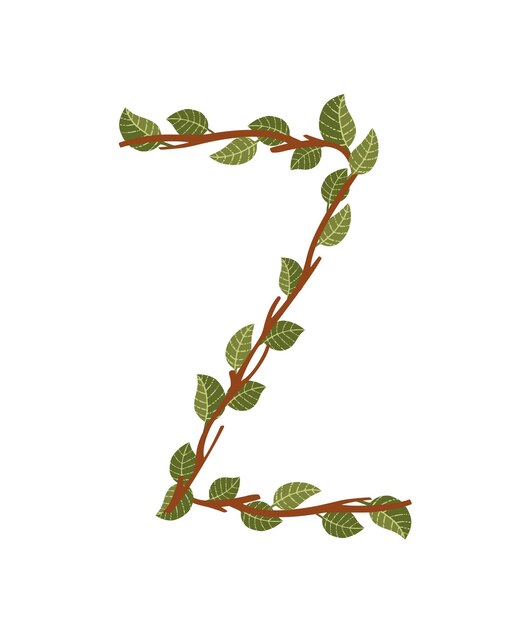 Letter z bruine boomtakken met groene bladeren eco lettertype platte vectorillustratie geïsoleerd op een witte achtergrond