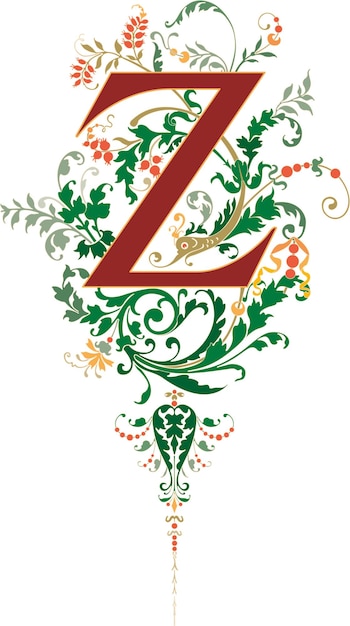 Letter Z floral Medieval Renaissance. The fancy capital colorful monogram initial alphabet letters.