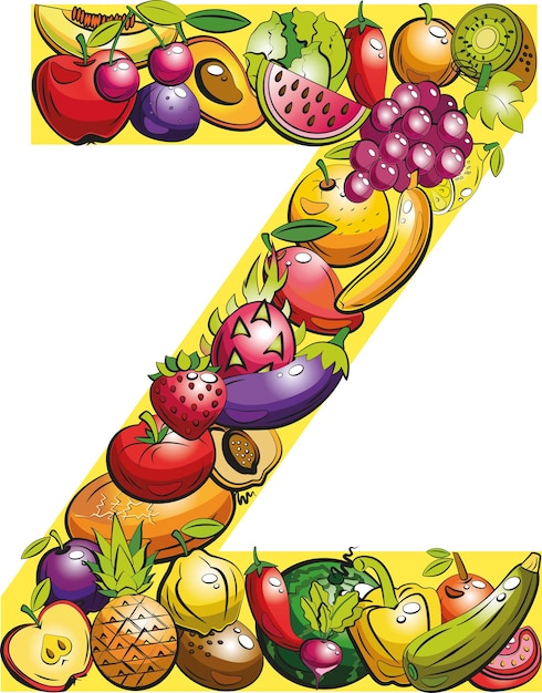 Vector letter z. fruit letters. collage of colored fruits and vegetables on the letter of the alphabet