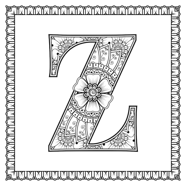 Letter z gemaakt van bloemen in mehndi stijl kleurboek pagina overzicht handdraw vectorillustratie