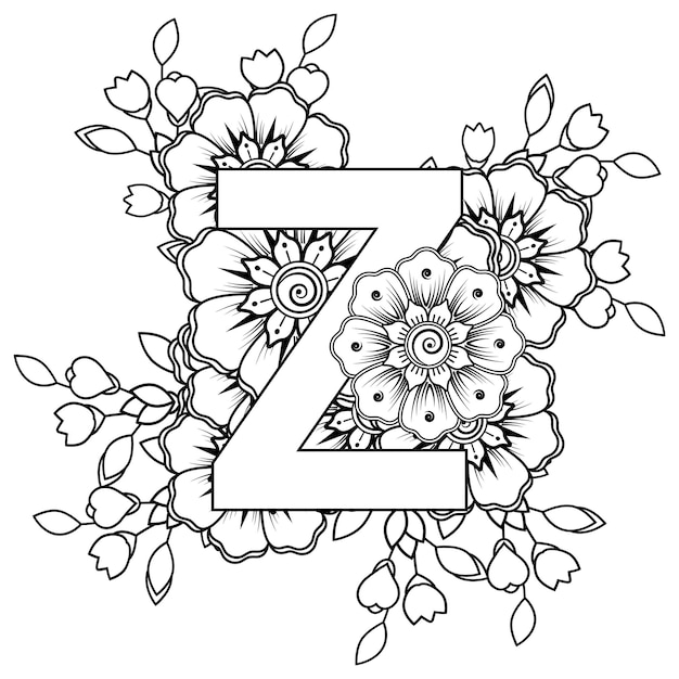 Vector letter z with mehndi flower decorative ornament in ethnic oriental style coloring book page