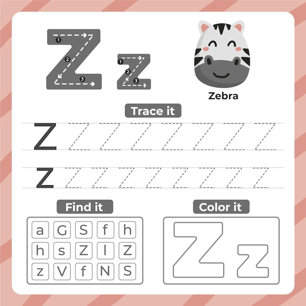 Vector letter z worksheet with zebra