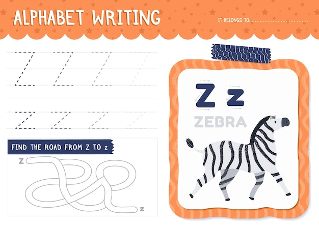 Vettore foglio di lavoro lettera z con zebra