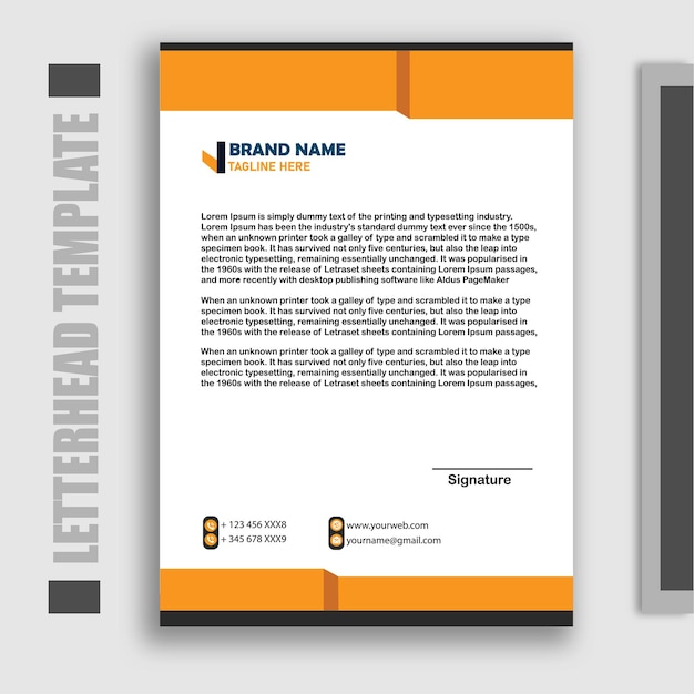 A letterhead template is shown in black and orange.