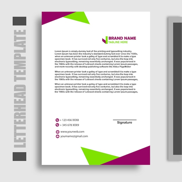 A letterhead template is shown in a business card.