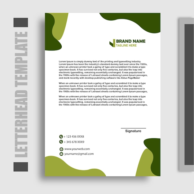 A letterhead template is shown in green and white.