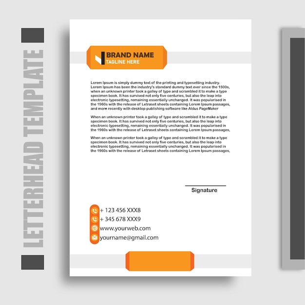 A letterhead template is shown in orange and black.