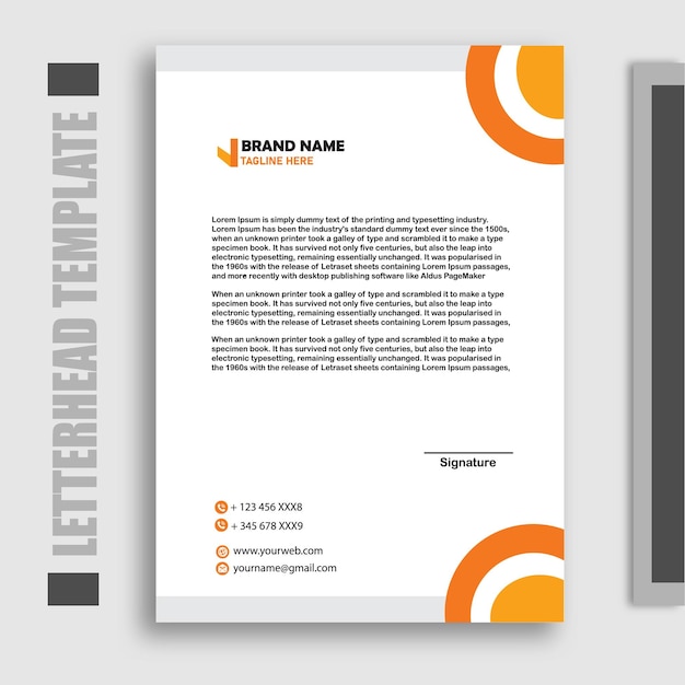 A letterhead template is shown in orange and black.