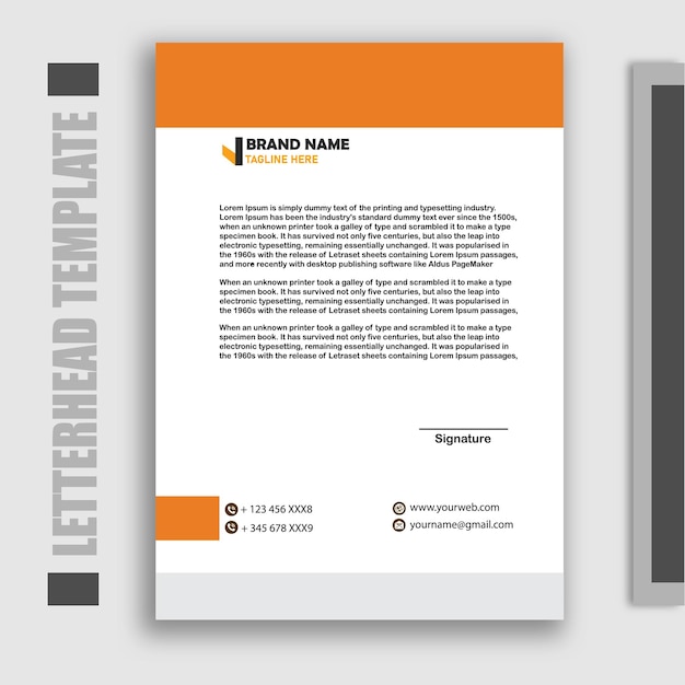 A letterhead template is shown in orange and white.