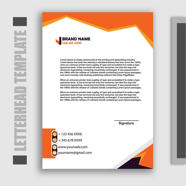 A letterhead template is shown in orange and white