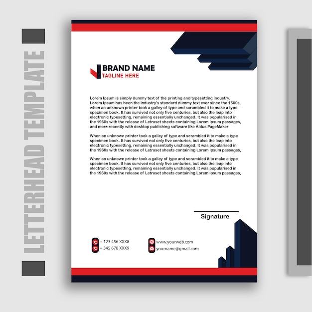 A letterhead template is shown with a black and red background.