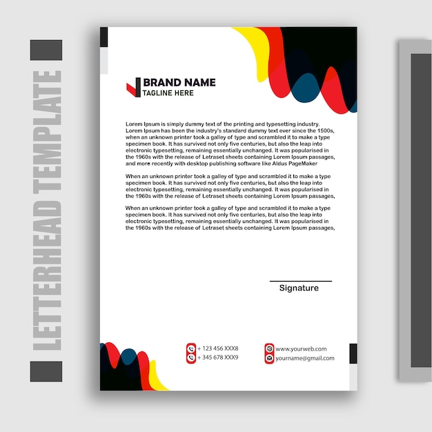 A letterhead template with a red, black, and blue design.