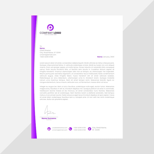 A letterhead with a purple and grey background