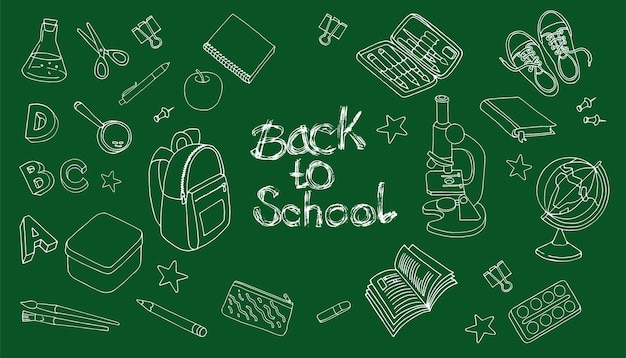 Vector lettering back to school and a set of school subjects on the blackboard background