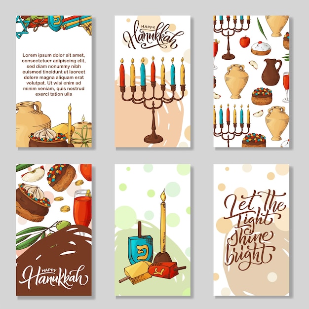 Lettering cards with sketch elements happy hanukkah poster hand drawn vector illustration