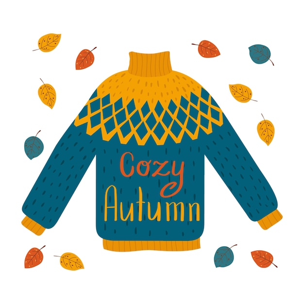 Vettore lettering cosy autumn su maglione lavorato a maglia e fogliame in stile piatto