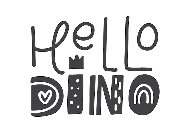 Lettering dinosauro citazione disegnata a mano vettoriale per banner, poster e concetto di adesivo con testo hello dino. messaggio icona