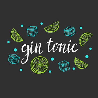 Lettering gin tonic, illustrazione vettoriale disegnata a mano cocktail classico con ghiaccio e una fetta di lime, per carte cocktail. lettering gin tonic fatto in casa, illustrazione vettoriale isolato.