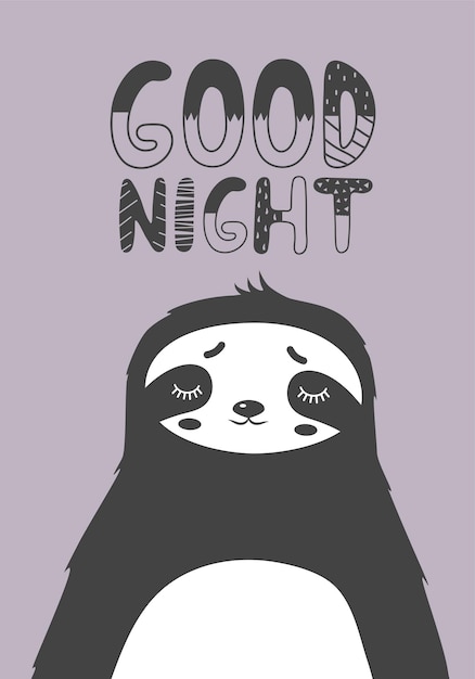 Lettering good night with a Scandinavian style sloth on a lilac background