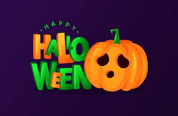  lettering for Halloween isolated on navy background. Illustration of typography and pumpkin