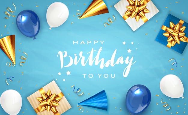 Lettering Happy Birthday on blue background with holiday balloons, party hat, realistic gifts with golden bows and balloons. Illustration can be used for holiday design, posters, cards, banners.