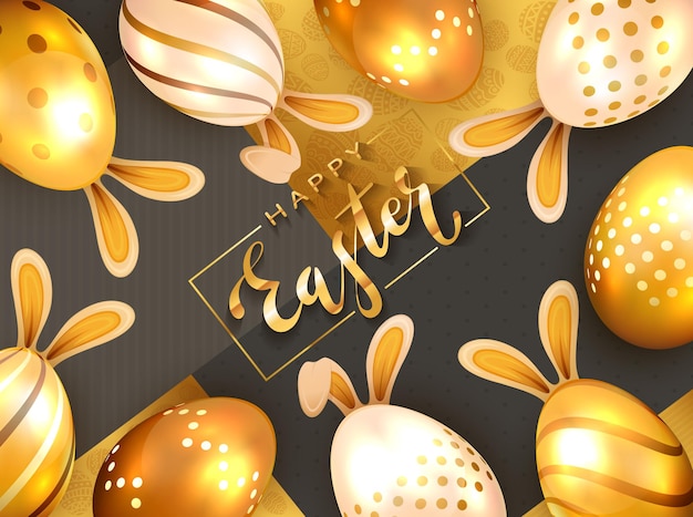 Lettering Happy Easter on gold and black background with golden Easter eggs and rabbit ears. Illustration with luxury elements and confetti can be used for holiday design, banner and greeting cards.