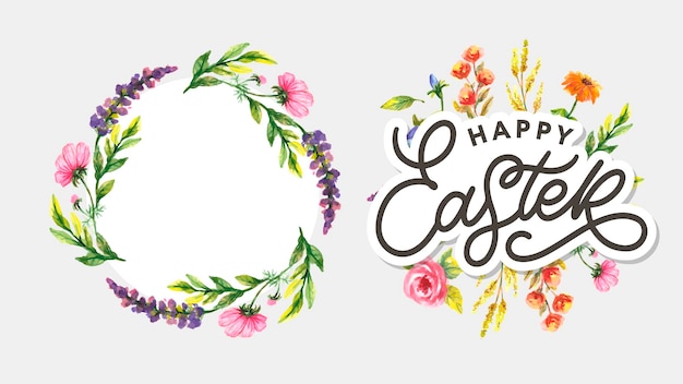 Надпись счастливой Пасхи с цветами для поздравительной открытки