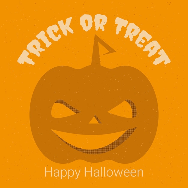 Lettering Happy Halloween and Trick or Treat and pumpkin postcard in retro style