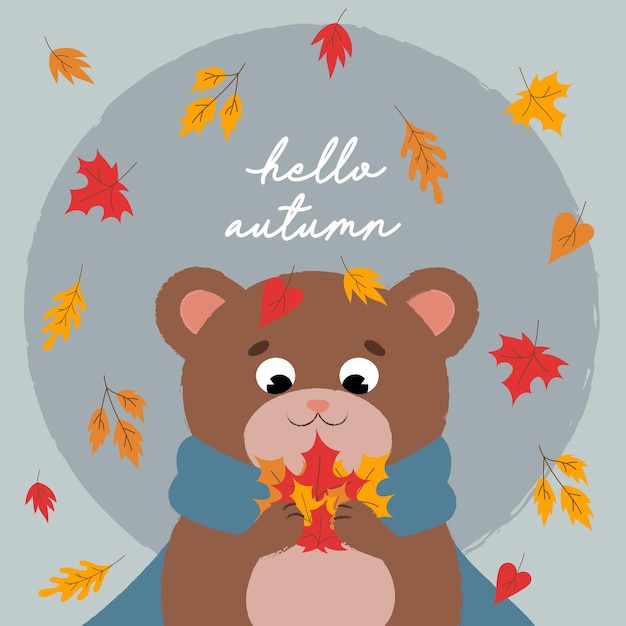 Vettore scritta ciao autunno. cartolina con un simpatico orso.