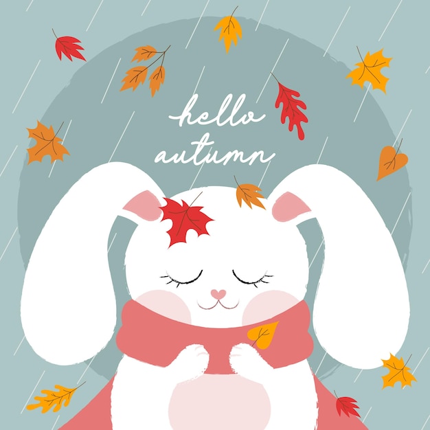 Lettering Hello Autumn. Postcard with a cute rabbit.