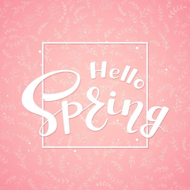 Lettering Hello Spring on pink background with floral elements with colorful decorative flowers and branches, illustration.