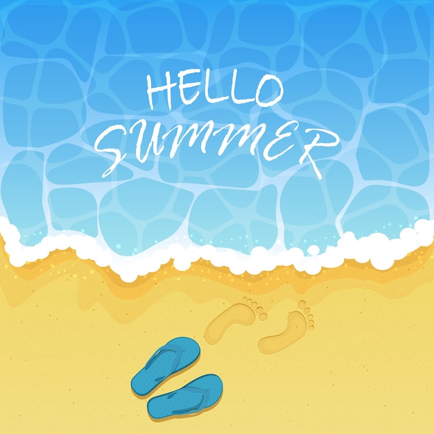 Lettering Hello Summer on water background ocean waves on a sandy beach with flip flops and footprints illustration