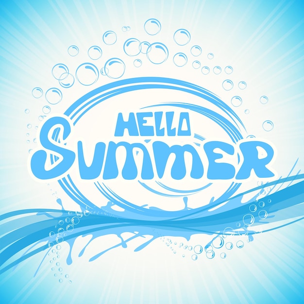 Lettering hello summer con onde d'acqua e bolle su sfondo blu illustrazione