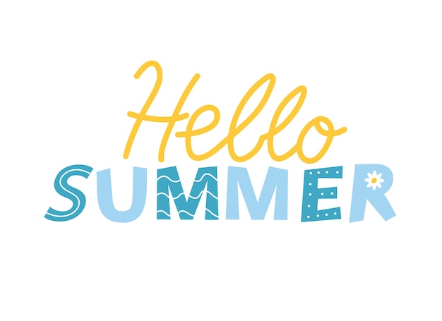 Lettering Hello summer, yellow-blue letters on white background.