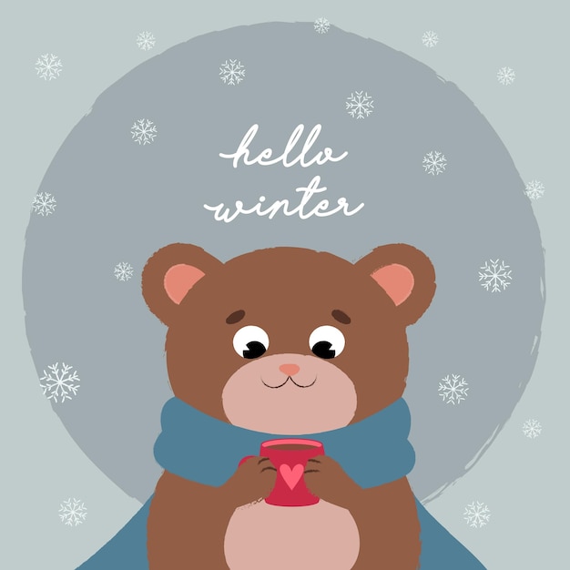 Lettering Hello Winter. Postcard with a cute bear.