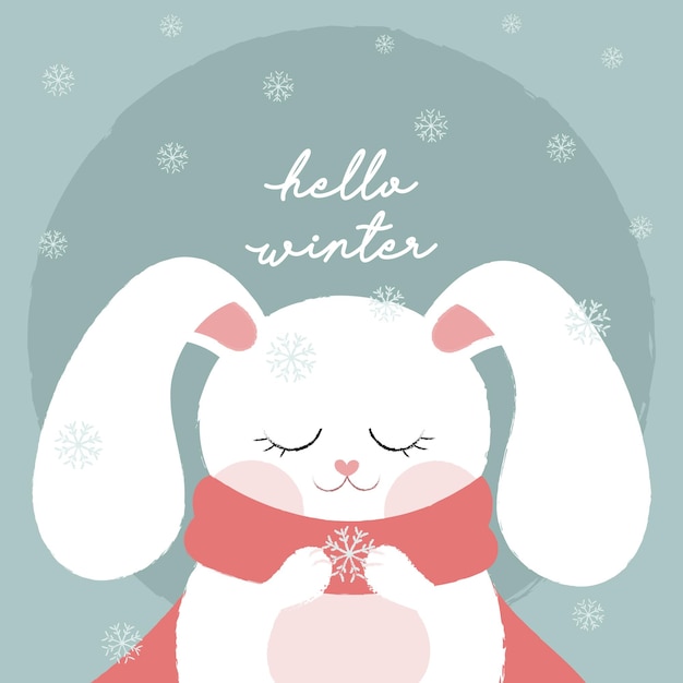 안녕하세요 겨울 레터링. 귀여운 토끼가 있는 엽서.