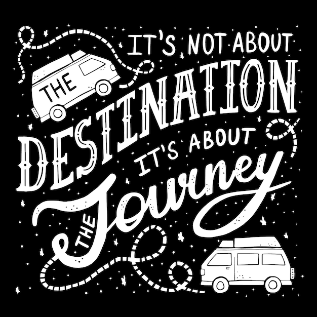 Lettering It's not about the destinantion, it's about the journey. Inspirational hand drawn quote. T shirt, card, banner design.