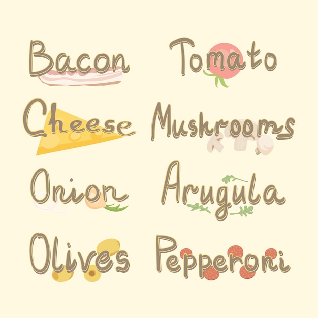 Vettore lettering per gli ingredienti della pizza italiana, per un bar o un ristorante. illustrazione vettoriale.