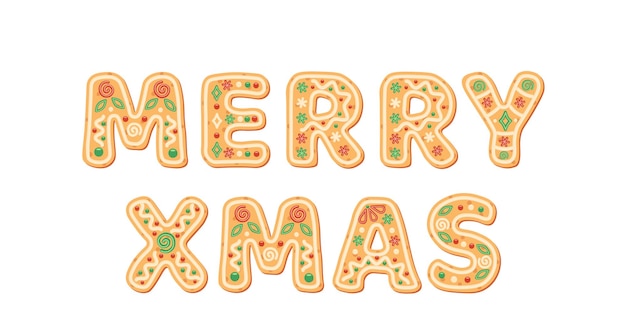 Надпись Merry Xmas by Christmas пряничный шрифт Cookies Vector